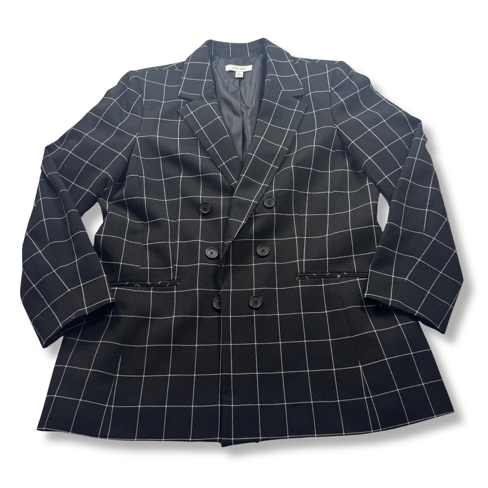 Nine West Blazer Windowpane Grid Double Breasted Career Jacket Womens Black XL